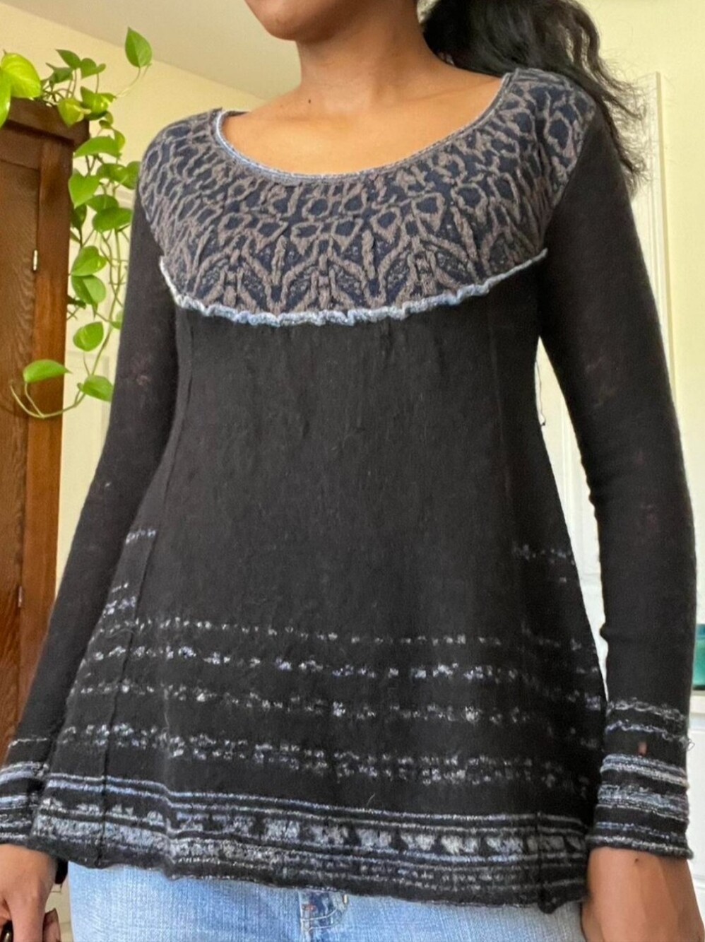 Free People Long-Sleeve Knit Crew Neck Flare Tunic with Patterned Yoke Black SM